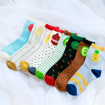 

Fashion cute Christmas female stockings meia funny fruit cartoon pattern striped socks Kawaii autumn and winter female socks