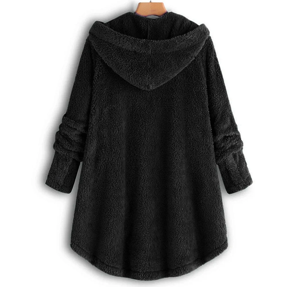 Women New Winter Plus Size S-5XL Button Coat Fluffy Tail Tops Hooded Pullover Loose Oversize Coats Warm Outwear for Fashion