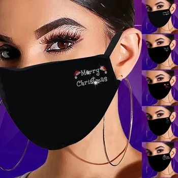 

Mascarilla Women Black Masks Washable Reusable Mouth Mask Merry Christmas Rhinestone Pattern Cotton Mask Mouth Caps Washable