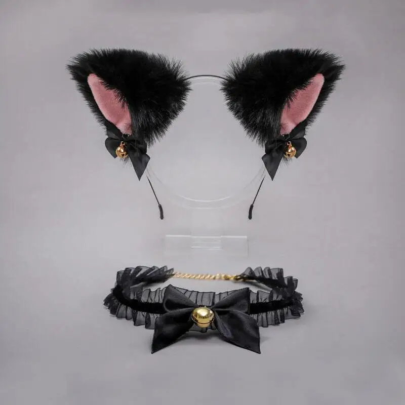 Cute Beautiful Women Girls Cat Ear Headband Necklace Anime Party Cosplay Costume Bell Plush Headwear Headband Hair Accessories sexy police woman costume Cosplay Costumes