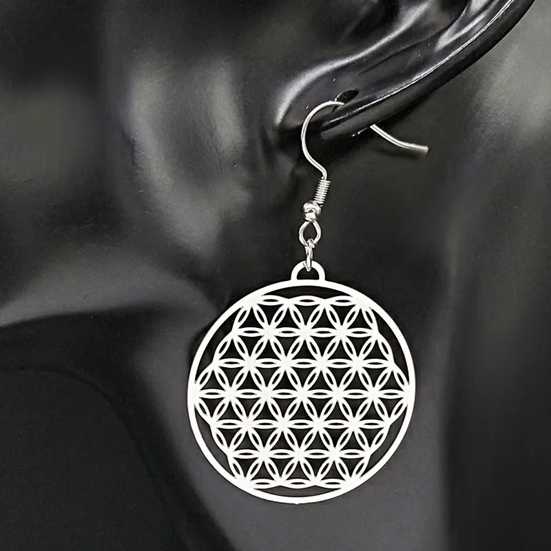 Flower of Life Stainless Steel Dangle Earrings Women Silver Color Earring Jewelry joyas de acero inoxidable para mujer E1558S02