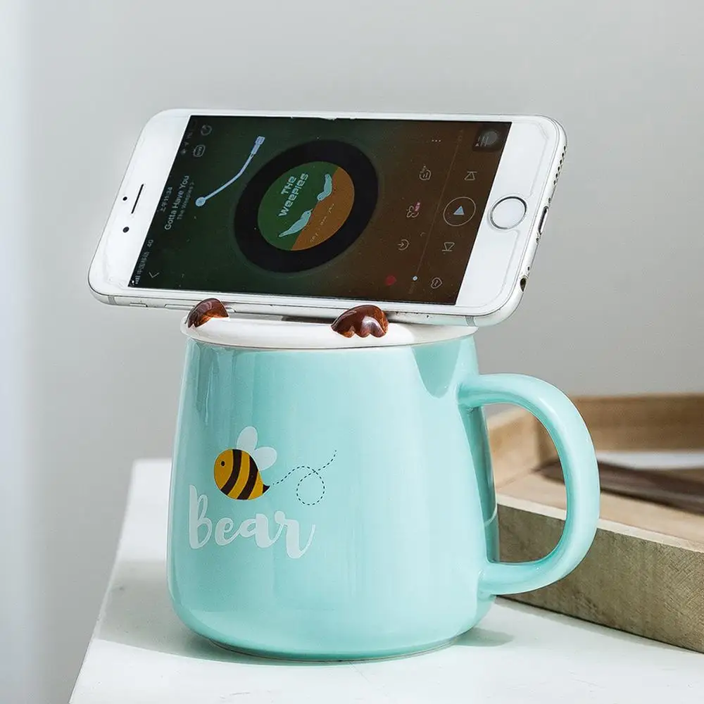 

MDZF 410ml Cartoon Animal Ceramic Mug With Mobile Phone Holde Coffee Milk Breakfast Cup Office Home Drinkware Gift Box Set