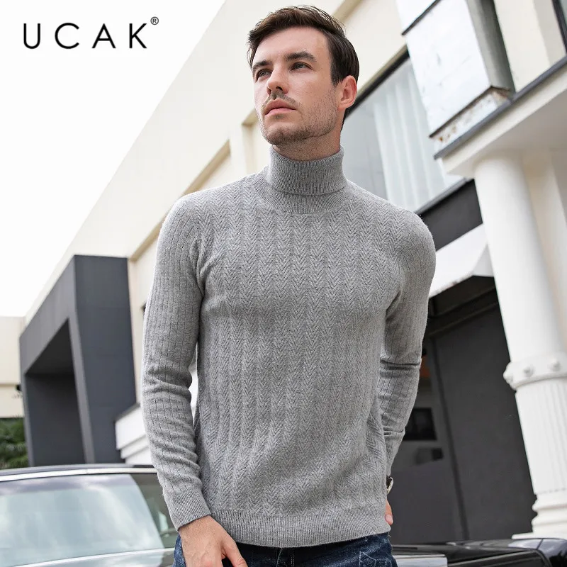 Hot Product UCAK Brand Sweater Male 2019 Thick Warm Turtleneck Pure Merino Wool Casual Striped Pull Homme Cashmere Fashion Sweaters U3095