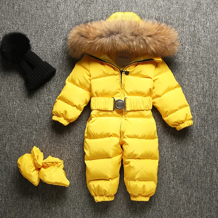 

2019 Jumpsuit Children Winter Fox Fur Hood Warm Overalls for Baby Boys Windproof Girls Onesie Windproof Duck Down Kids Clothes