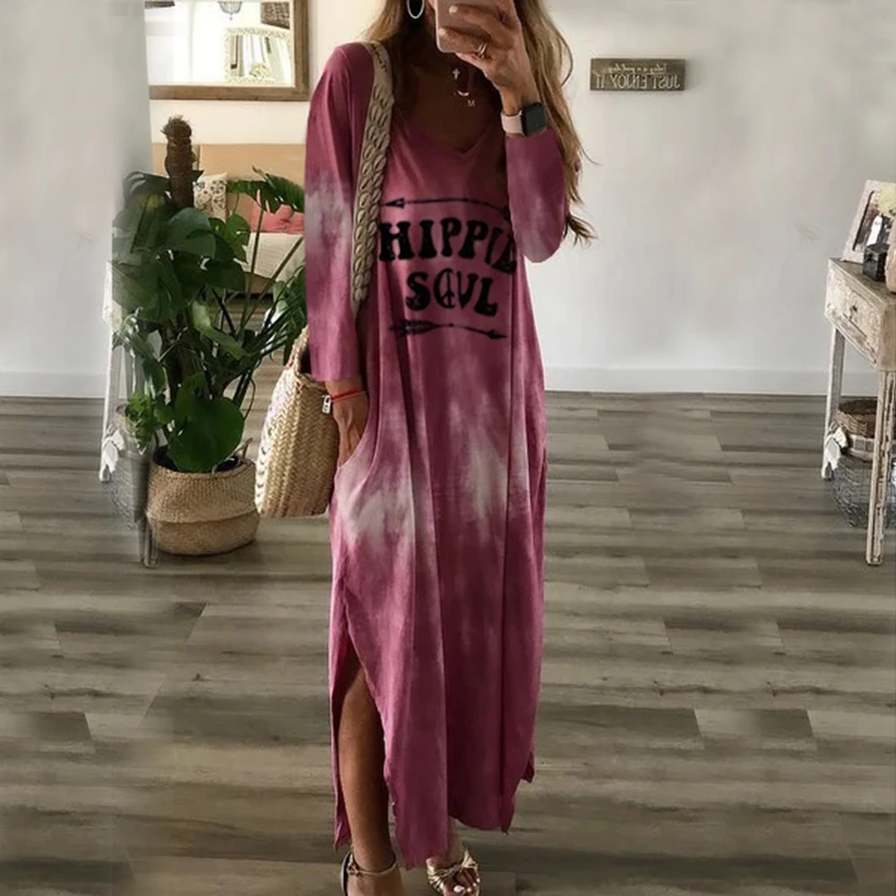 

Early Autumn Women Dress 2019 Ladies Loose Long Maxi Dress Letter Print Split Long Sleeve Shirt Dresses Stylish