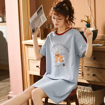 

Women Girls Cotton Nightgown Sleepwear Cute Cartoon Nightdress Kimono Bathrobe Gown Summer Casual Loose Thin Home Dressing Gown