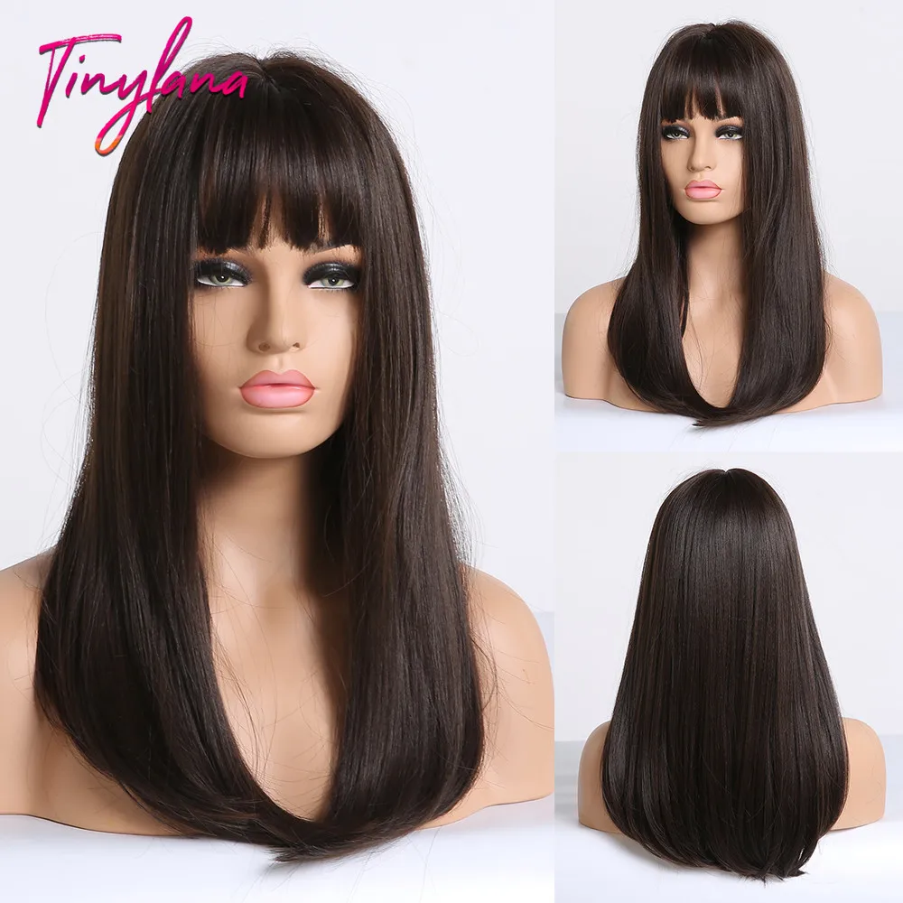 

TINY LNAN Long Brown Wigs with Bangs Heat Resistant Synthetic Straight Wigs for Women African American Fake Hair Lolita Cosplay