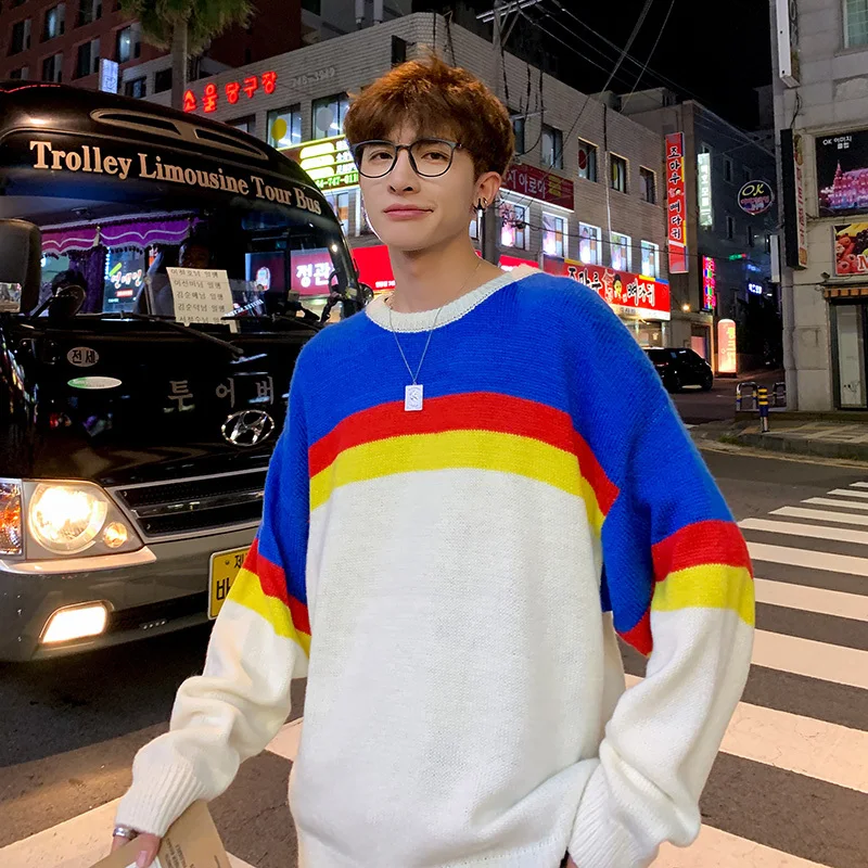 

Winter Sweater Men Warm Fashion Contrast Casual O-Neck Knit Pullover Man Streetwear Loose Long Sleeve Sweater Male Clothes M-5XL