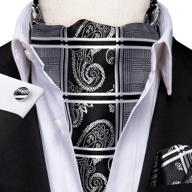 Hi-Tie Silk Men's Ascot Tie Pocket Square Cufflinks Set Cravat Ascots Scrunch Self British Style Gentleman Dress Scarves Party AS-1052