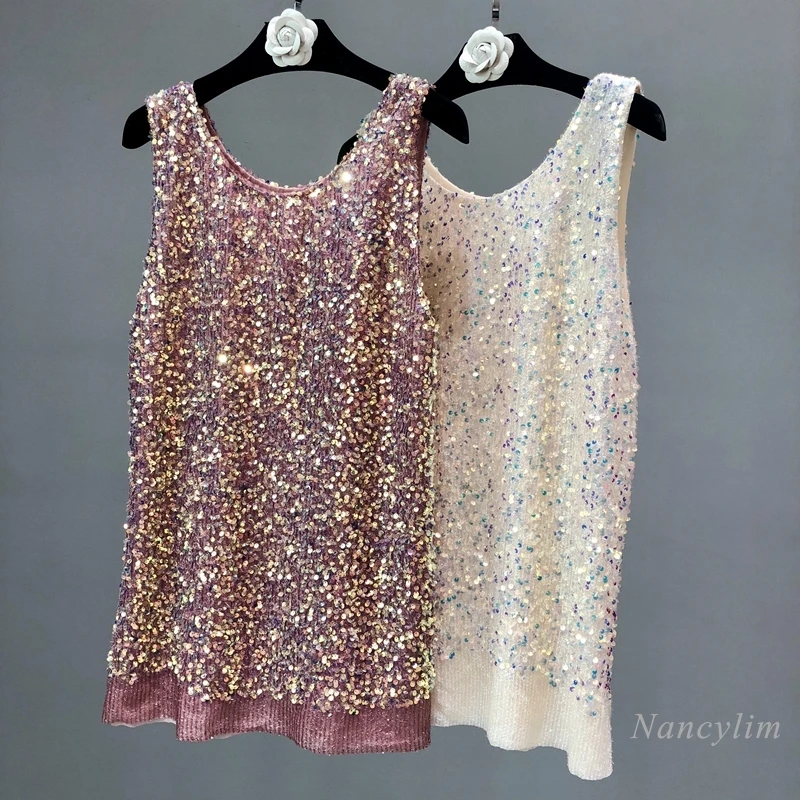 女性のための光沢のあるスパンコールタンクトップ 大きくて長い ノースリーブの春と夏のジャケット 長いデザイン 十分な 21 タンクトップ Aliexpress