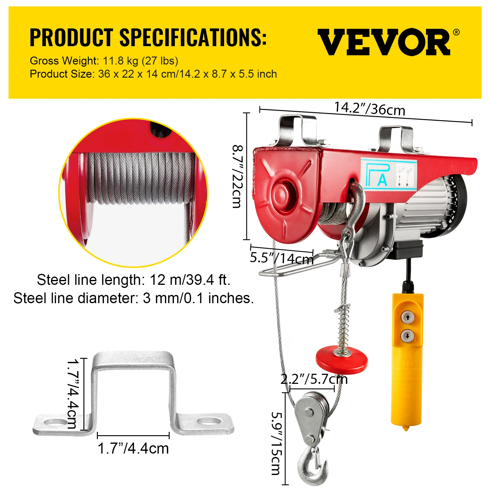 VEVOR 200-800KG Electric Hoist Crane New Portable Lifter Overhead Garage Winch with Wired Remote Control and Limit Switch