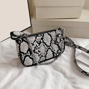 

New Women Snake Leather Pattern Chain Baguette Bag Small Shoulder Bag Ladies PU Leather Handbag Purses Casual Travel Phone Bag