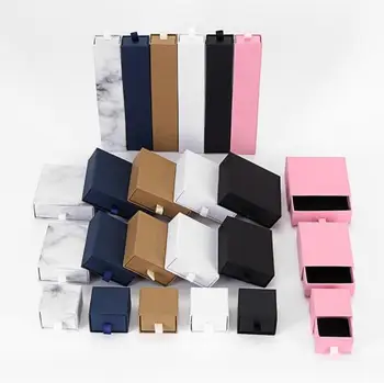 

Black Kraft Paper Jewelry Box With Sponge Drawer Style For Earring Ring Necklace Bracelet Box White Paper Jewelry Gift Packaging