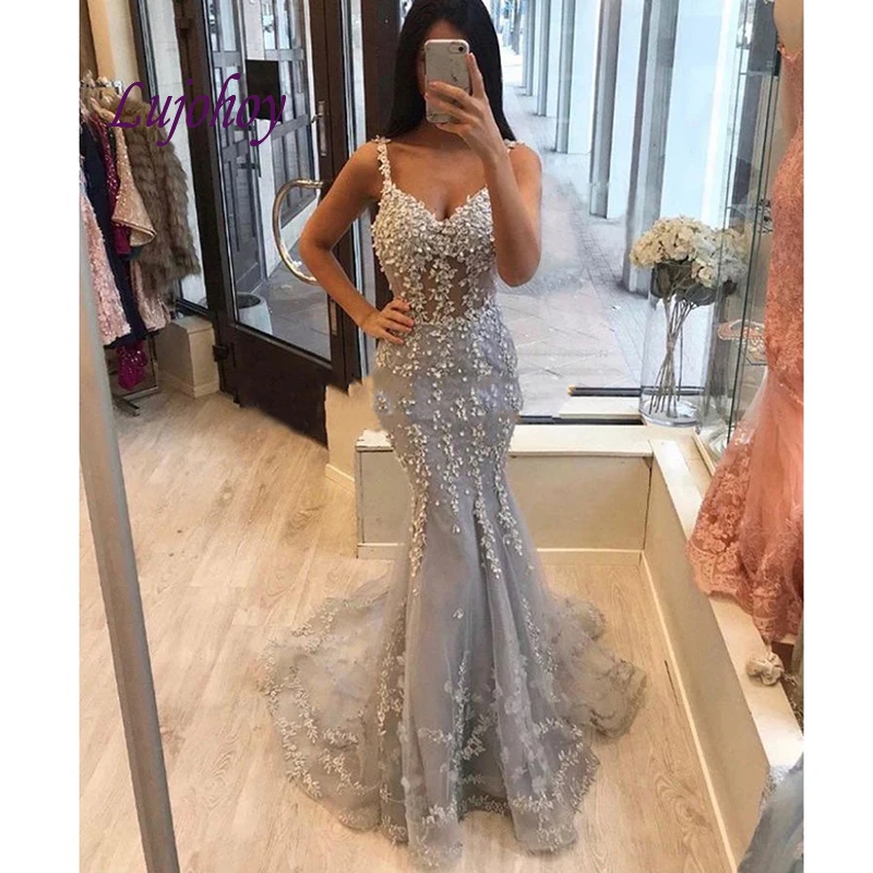 

Sexy Long Lace Mermaid Evening Dresses Party Plus Size Women Ladies Grey Prom Formal Evening Gowns Dresses