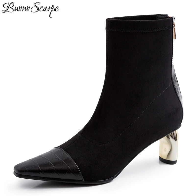 

Buono Scarpe Metal Heel Ankle Boots Patchwork Leather Zipper Botas Fenimina Prom Black Brown Booties Women Zpatos Mujer Boots