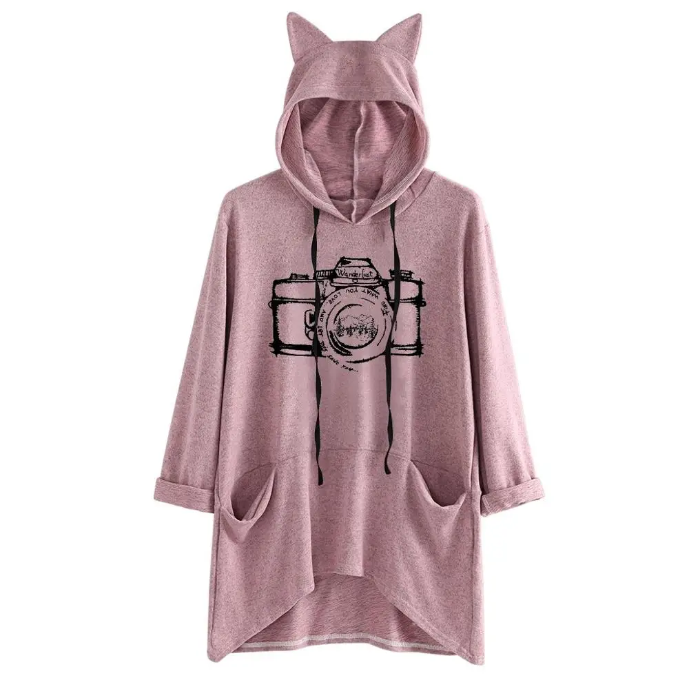 pink Женские свитшоты модные с длинным рукавом с принтом кошачьи ушки Толстовка пуловер Блузка 8,24 - Цвет: pink