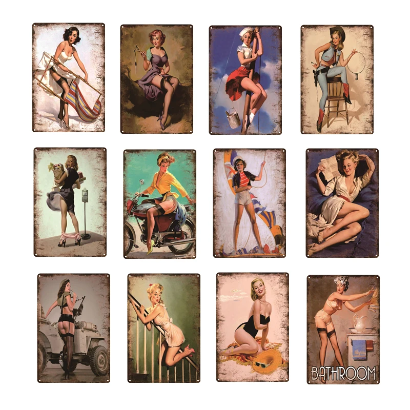 Винтажный металлический жестяной плакат Pinup Lady Girl в стиле ретро Настенный декор