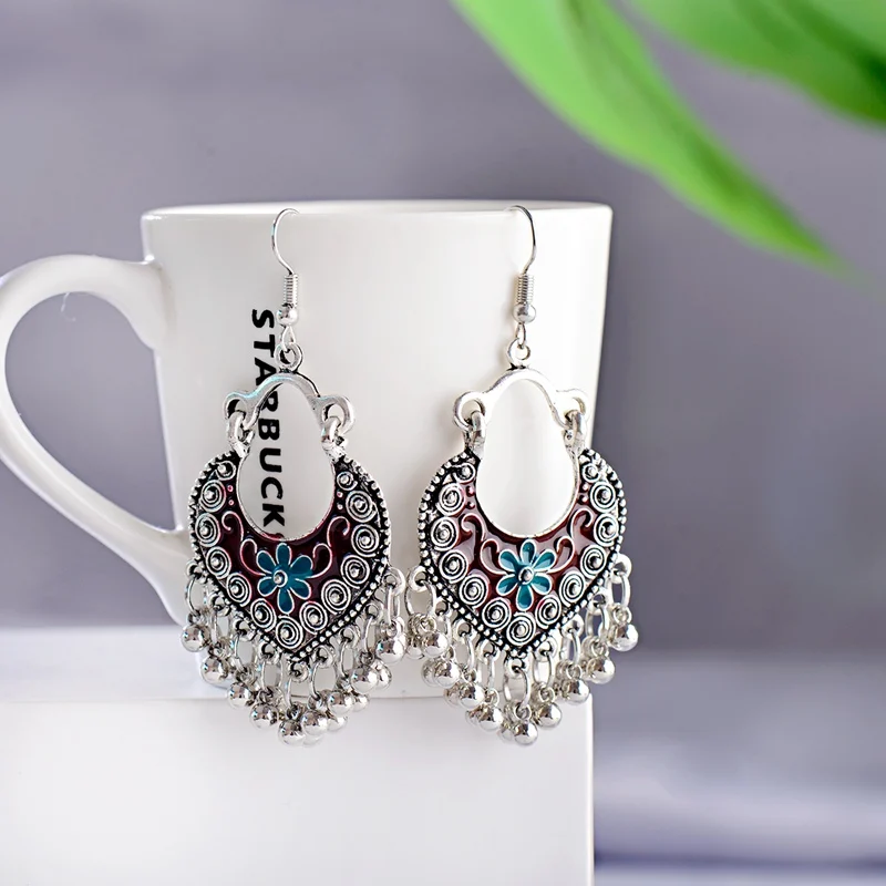 Boho Gypsy Tassel Indian Drop Earrings Women Orecchini Jewelry Ladies Retro Blue Flower Silver Color Jhumka Earrings drop earrings dangle earrings flower earrings