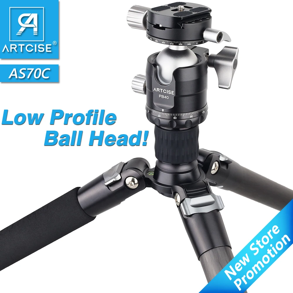 AS70C Professional Carbon Fiber Tripod for DSLR Camera with Low Profile Ball Head Monopod 10 Layers Tube Short Center Column