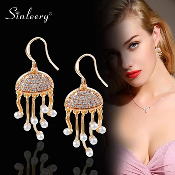

SINLEERY Design Sea Jellyfish Pearl Drop Earrings Yellow Gold Silver Color Tiny Crystal Wedding Earrings Women Jewelry ES717 SSO