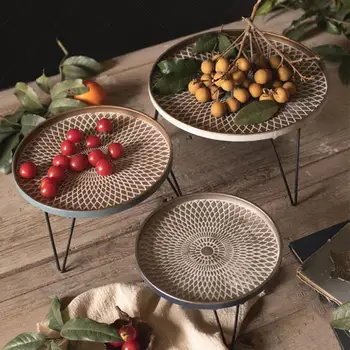 

Retro Kitchen Wrought Iron Round Tray Racks Fruit Snack Food Bread Dessert Storage Tray Desktop Wedding Decoration Food Plate
