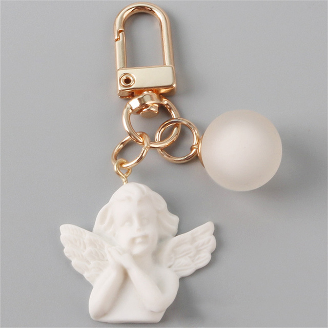 Gothic White Wing Angel Keychain Girl Cute Ball Resin Keyring Women Couple Bag Pendant Key Ring Accessories Christian Gift