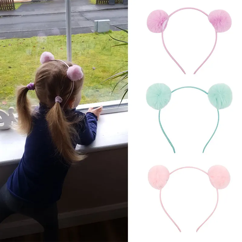 Cute Candy Color Pom Hairband Solid Plush Ball Girls Headband Fur Washing Face Makeup Headwear Sweet Women Hair Accessories