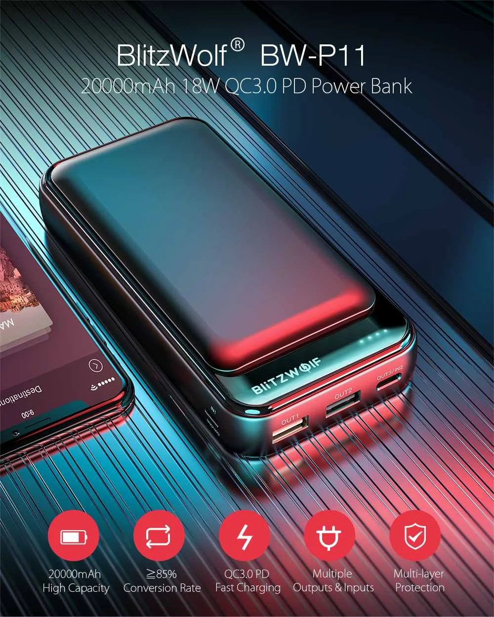 BlitzWolf BW-P11 18 Вт QC3.0 PD внешний аккумулятор 20000 мАч для iPhone 11 Pro XR для samsung S9 S10 для Xiaomi huawei P30
