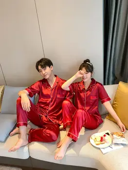 

Cardigan Solid Color Couples Silk Short Sleeve Trousers Pajamas Men and Women Home Wear Collection