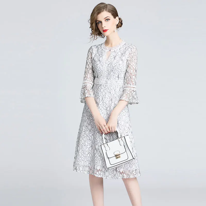 Women Casual Dress New Brand Autumn Fashion Flare Sleeve Hollow Out Lace Elegant Slim Ladies Party Dresses - Цвет: Photo Color