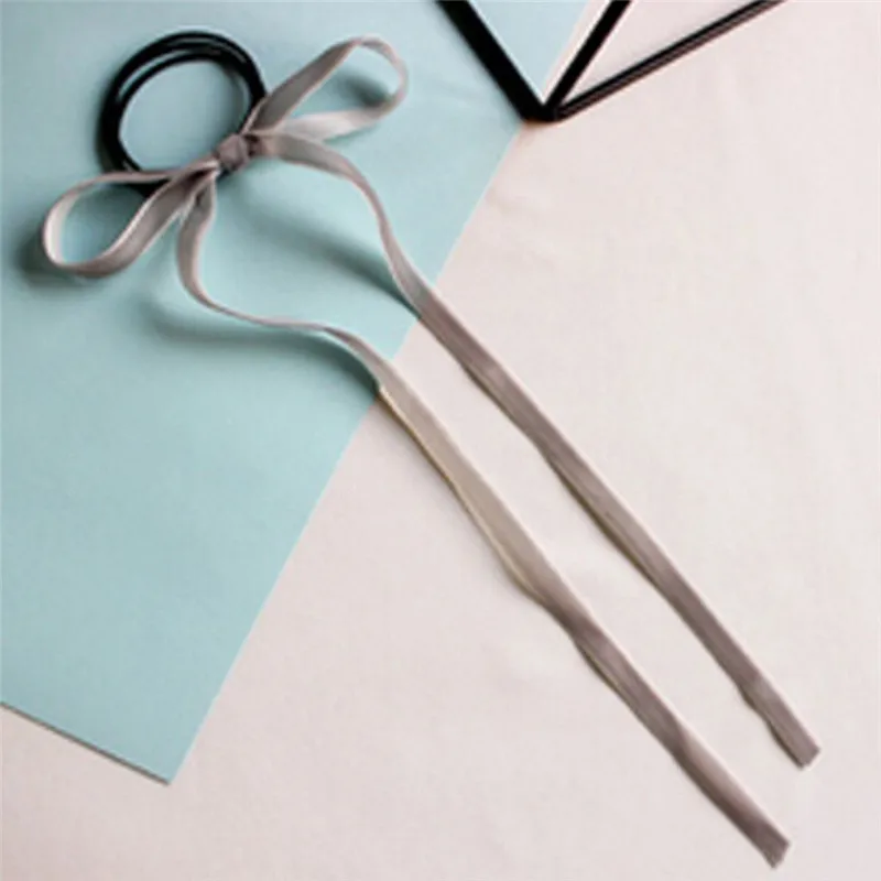 Gray 5 Colors Women Girls Velvet Ribbon Bow Elastic Hair Bands Simple Chic Female Hair Ties Band With Long Tassel Hair Accessories - Цвет: Gray