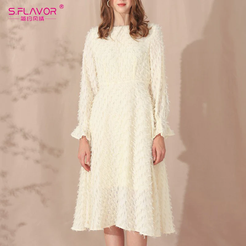 

S.FLAVOR Women Fashion O neck Tassel Party Dress Autumn Winter Sexy Flare Sleeve A Line Dress Vintage Vestidos High Quality