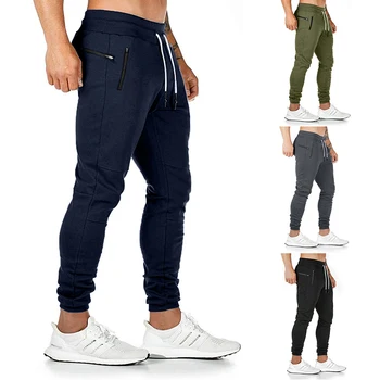 

Men Pants New 2020 European Plain Color Drawstring Leg Sweatpants Zipper Pocket Slim Jogger Pants Men