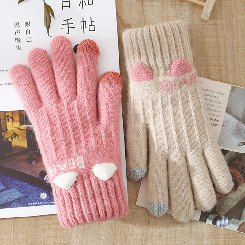 

New Cute Touch Screen Gloves Women Winter Full Finger Hand Warmer Acrylic Knitted Glove Female Young Students Wholesale G025