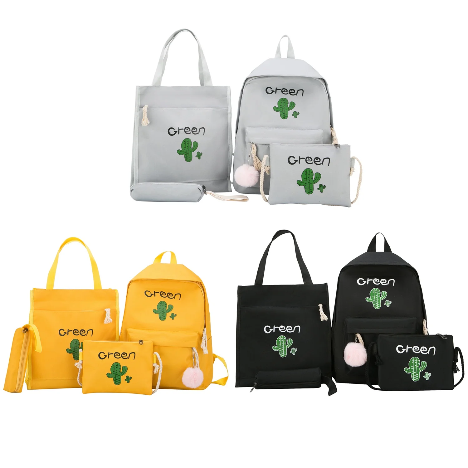 4 шт холст школьный рюкзак, набор для девочек подросткового возраста с рисунками кактусов сумка+ Для женщин рюкзак+ чехол+ Кошелек Дорожная сумка