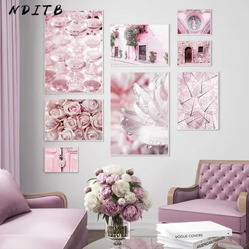 

Pink Flower Leaf Architecture Canvas Painting Botanical Poster and Print Nordic Building Landscape Wall Picture for Living Room