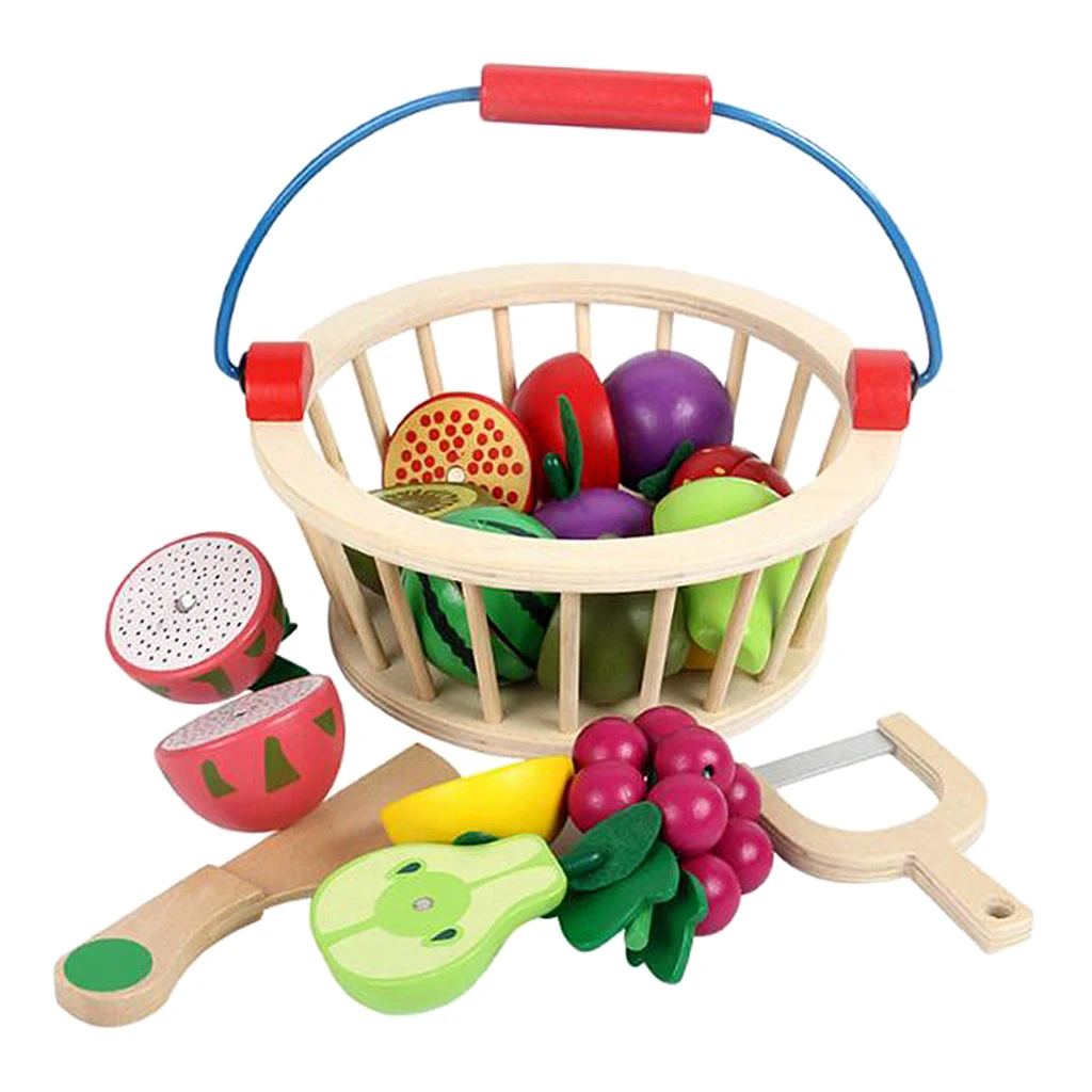 Farmers Market Basket – 12 Pieces Toy Kitchen Accessories – Pretend Cutting Play Food Set for Toddlers 3 +