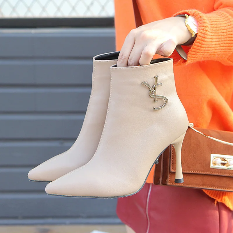 

Fashion high heel women's ankle Metal buckle pointed toe women's shoes thin heel women boots