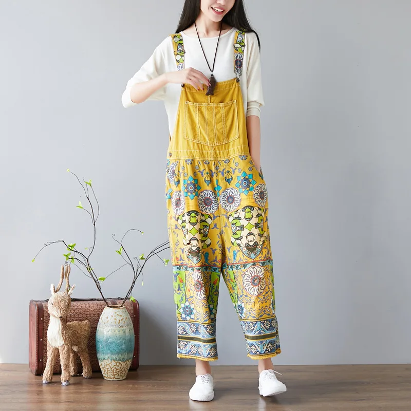 

Autumn Vintage Plus Size Casual Women Wide Leg Jumpsuit with Pockets Belt Trousers Loose Flower Printed Crotch Jeans Jumpsuit