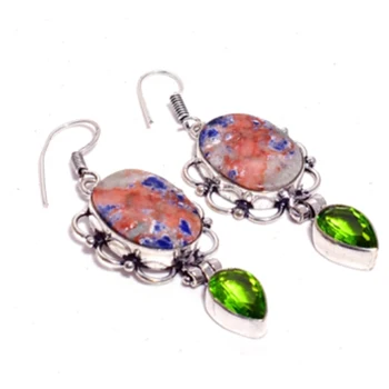 

Genuine Sodalite + Peridot Silver Overlay on Copper Earrings, Hand made Women Jewelry Gift