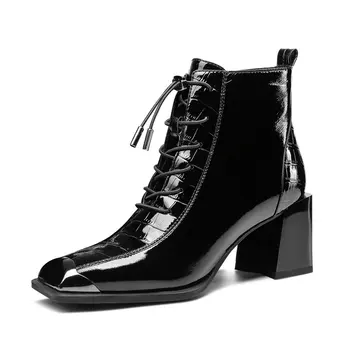 

Genuine Leather Metal Decoration Women's Winter Boots Square Toe Thick Heels Pumps Working Night Club Shoes Woman