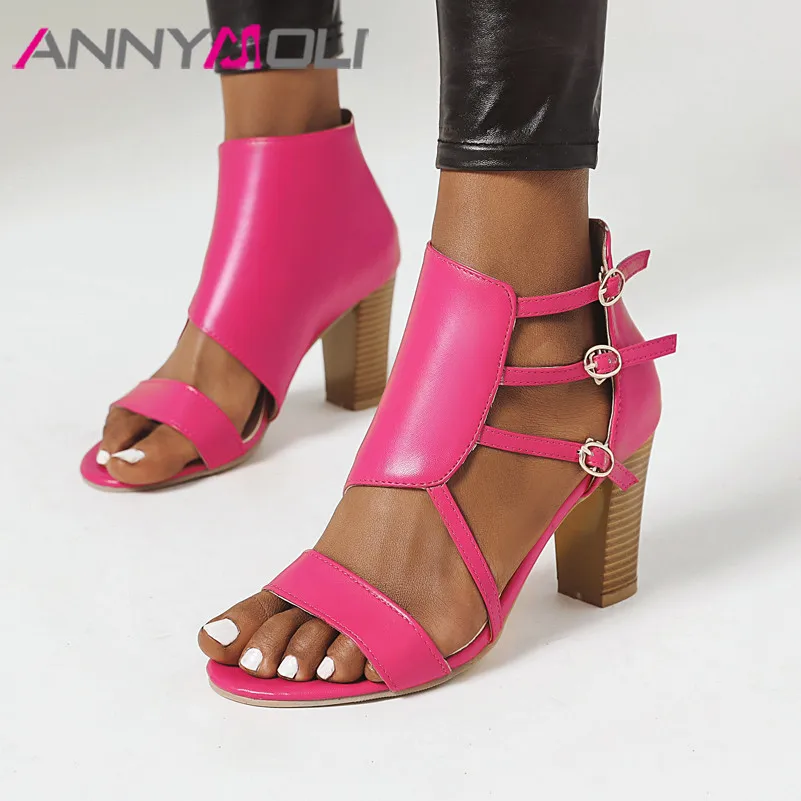 

ANNYMOLI Woman Sandals High Heels Square High Heel Shoes Fashion Ankle Buckle Strap Open Toe Party Pumps Red Blue Big Size 42 43