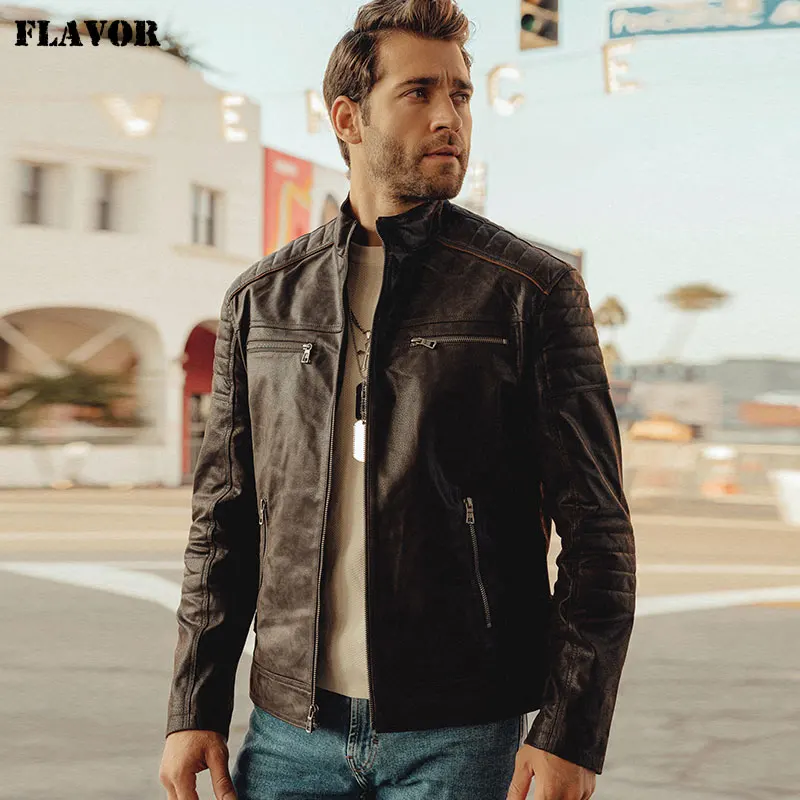 New Men's Real Leather Motorcycle Jacket Brown Genuine