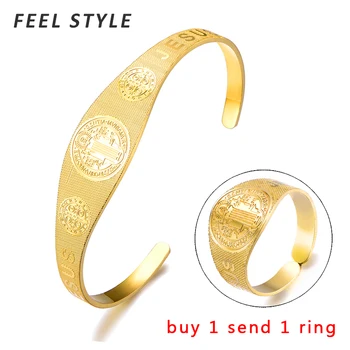 

Send Gift Gold Color Stainless Steel Jesus Cross San Benito Adjustable Open Bangles For Female Fashion Jewelry