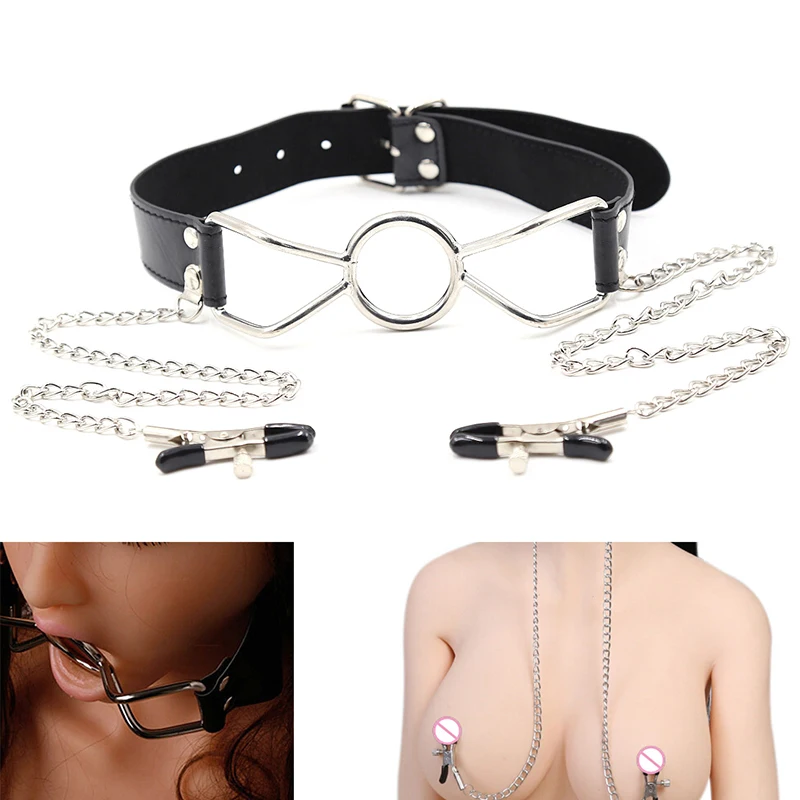 For Lovers Couples PU Leather Harness Mouth Gag Ball Fetish Sex Toys Oral Chain With Nipple Clamp Breast Clip |