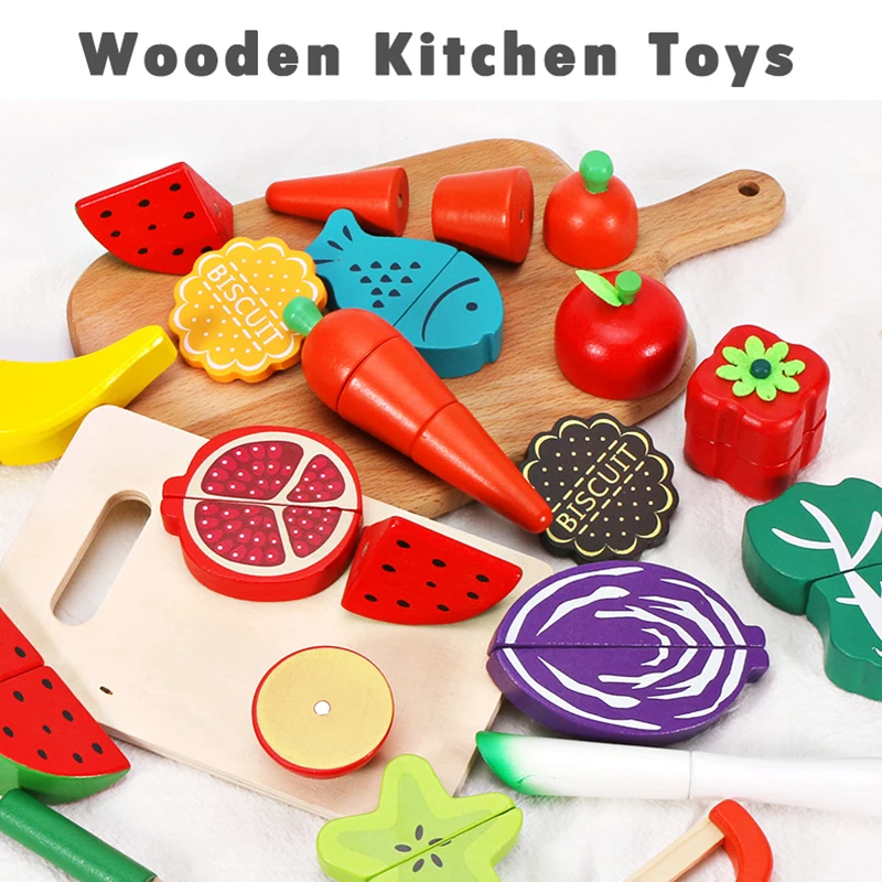 Kids Educational Wooden Kitchen Toys Set Pretend To Play Cutting Fruits Vegetables Cooking Food Simulation Kitchen Toys Children