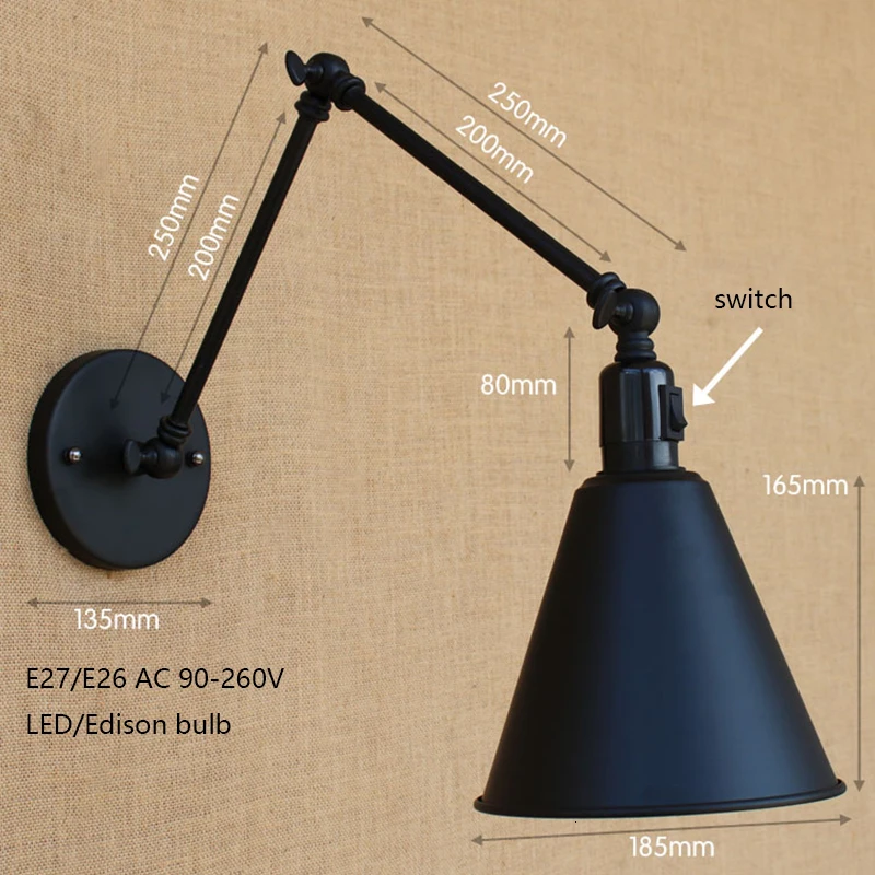 Античный Черный Промышленный Металлический Мини-настенный светильник с длинным поворотным кронштейном для прикроватной тумбочки для мастерской освещение для спальни