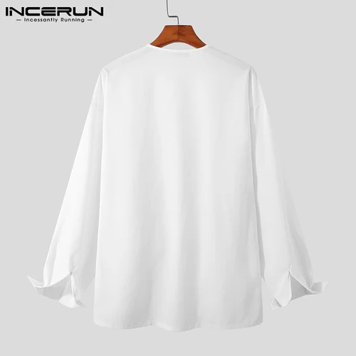 INCERUN 남성용 V넥 긴팔 셔츠, 단색 스트리트웨어, 한국 캐주얼 불규칙 셔츠, 2023 버튼, 루즈 캐미사, 패션 4