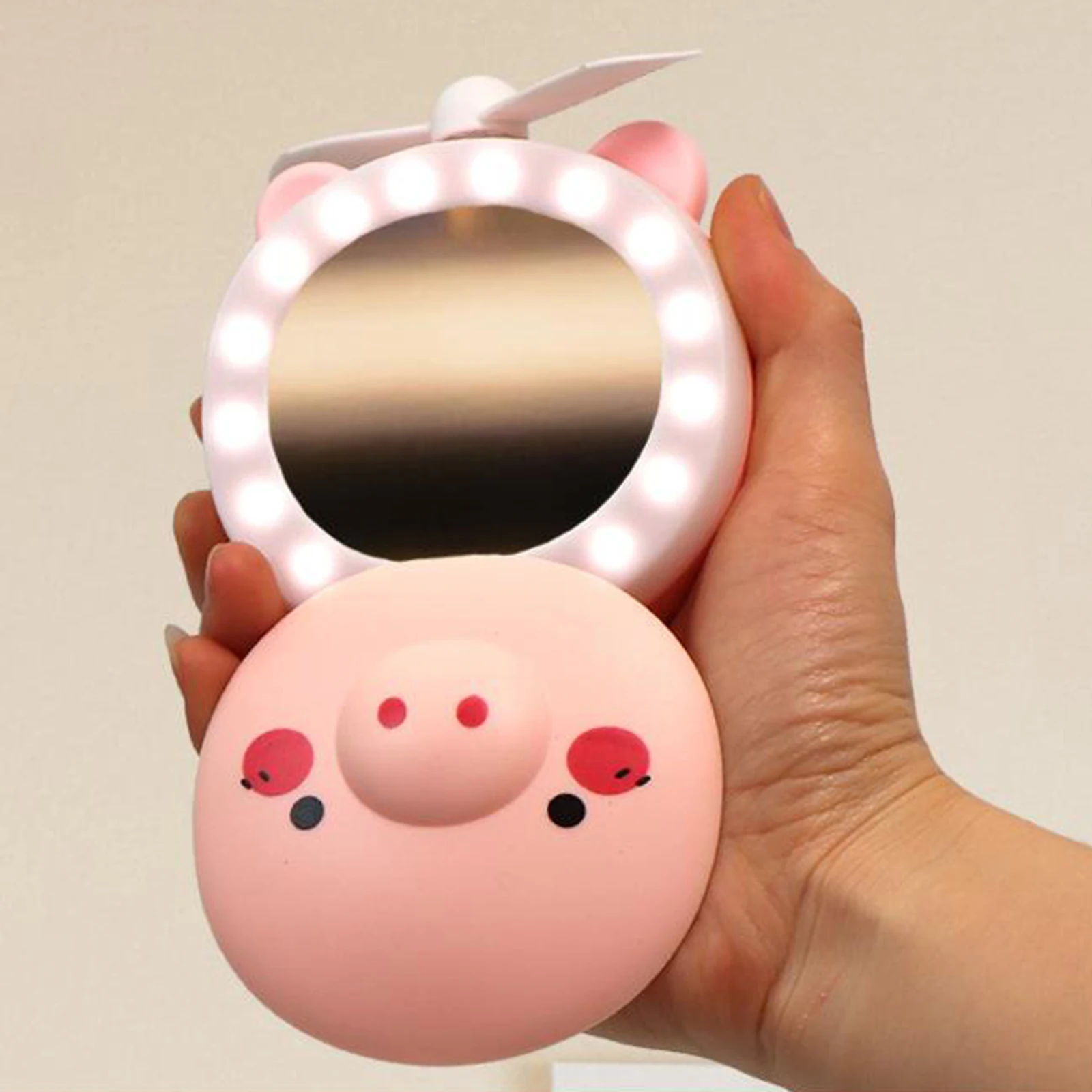 3 In 1 Piggy Mini Cosmetic Mirror Fan Light Handheld Portable Usb