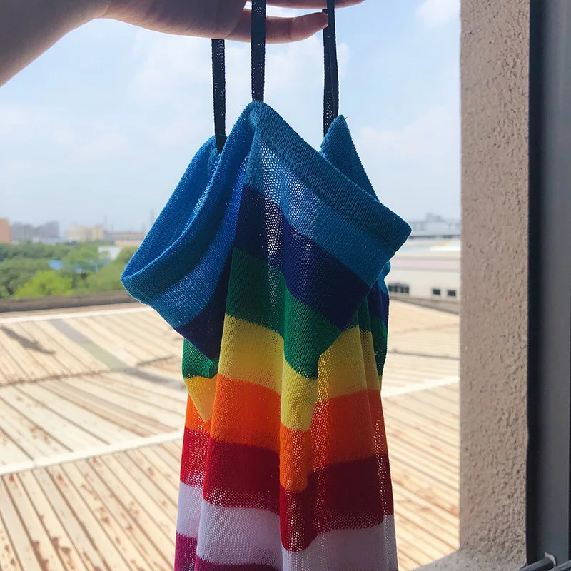 HLHPYHB Rainbow Stripes Tanks Vest Women Sexy Female Knitted Tanks Tops Summer Holiday Beach Camisole Fashion Thin Straps Camis